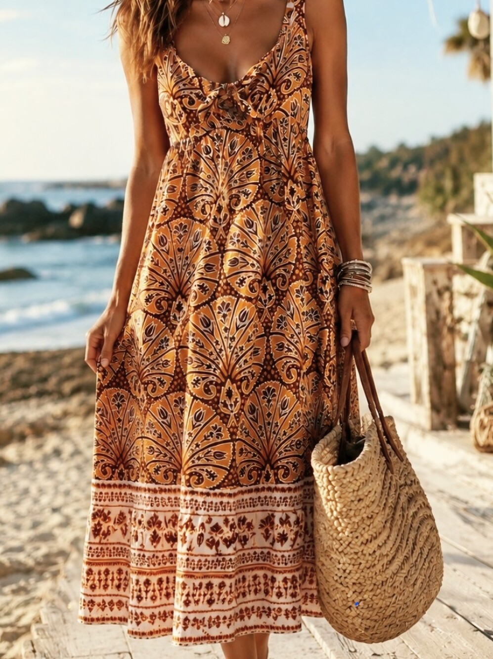 Knox Rose Yellow and Brown Printed Dress With Adjustable Straps